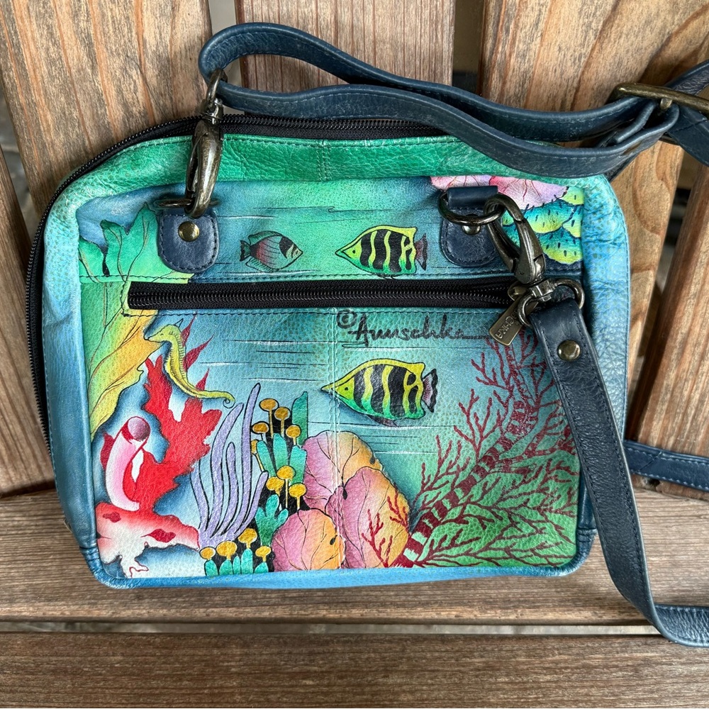 Anuschka Blue and Green Artistic Crossbody Bag with Marine Design